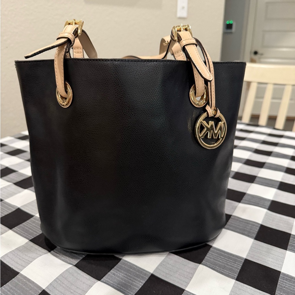 Michael Kors Black and Tan Shoulder Bag with Gold Accents